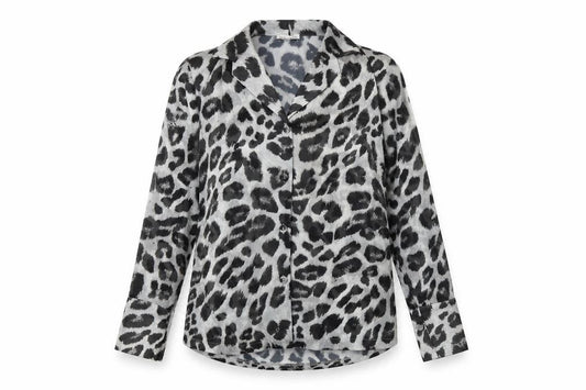 Front view of Pretty Lavish women’s black animal print polyester basic button-up, size S, collared - leopard print