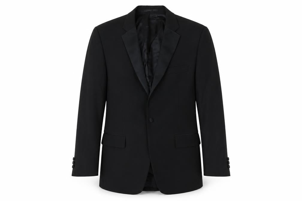 Front view of Karl Jackson men’s black polyester jacket suit jacket, size 40, regular