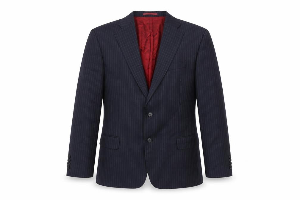 Front view of Next men’s blue striped wool jacket suit jacket, size 42, regular