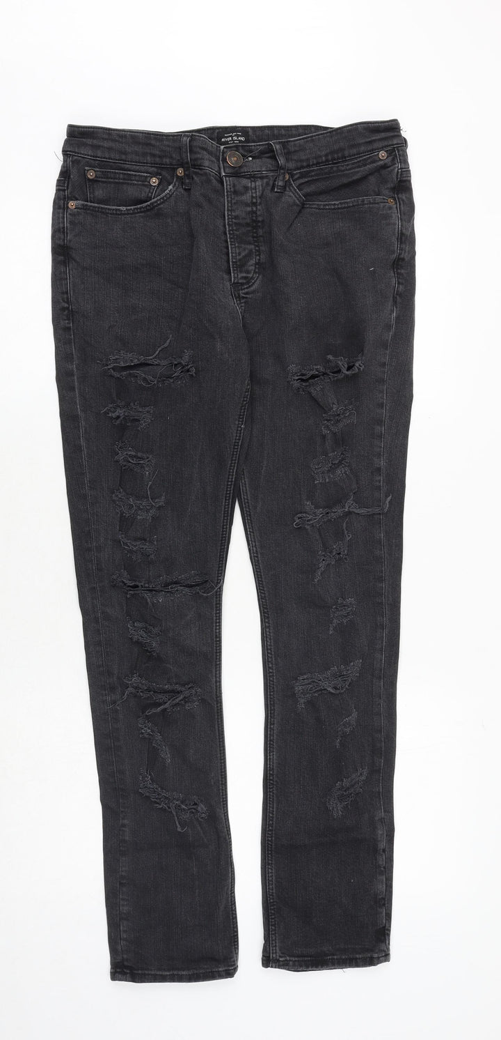 River Island Mens Grey Cotton Skinny Jeans Size 32 in Regular Zip