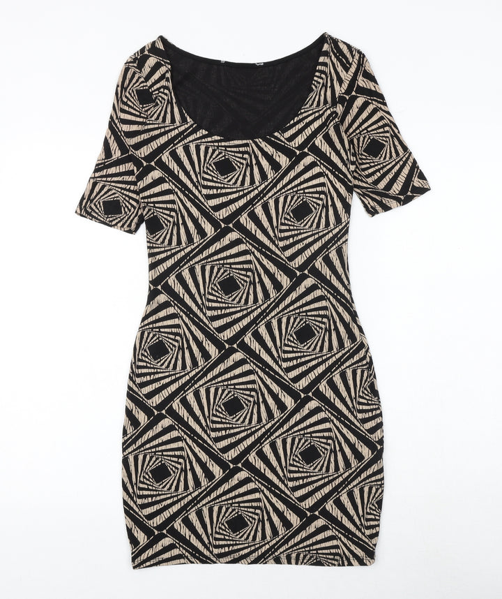 Dorothy Perkins Womens Black Geometric Viscose Bodycon Size 6 Scoop Neck Pullover