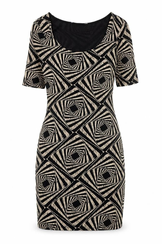 Dorothy Perkins Womens Black Geometric Viscose Bodycon Size 6 Scoop Neck Pullover