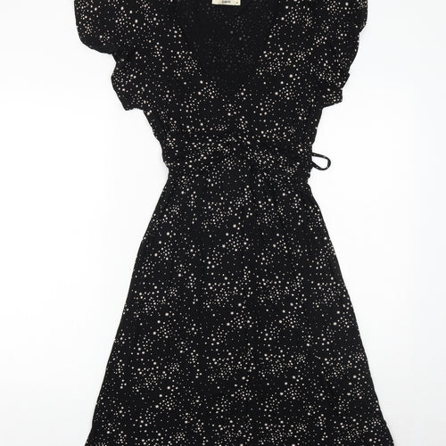 Oasis Womens Black Geometric Viscose Fit & Flare Size M V-Neck Tie - Star Pattern