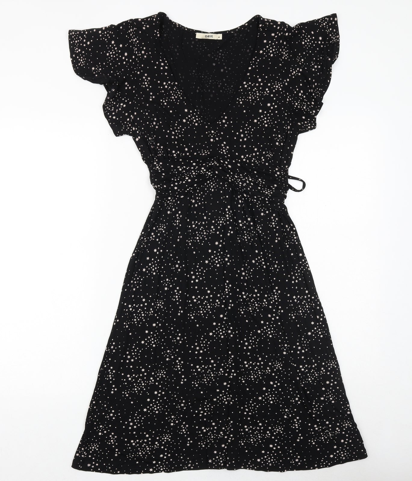Oasis Womens Black Geometric Viscose Fit & Flare Size M V-Neck Tie - Star Pattern