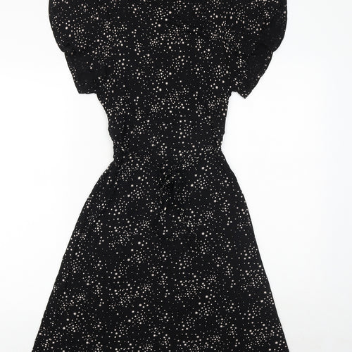 Oasis Womens Black Geometric Viscose Fit & Flare Size M V-Neck Tie - Star Pattern