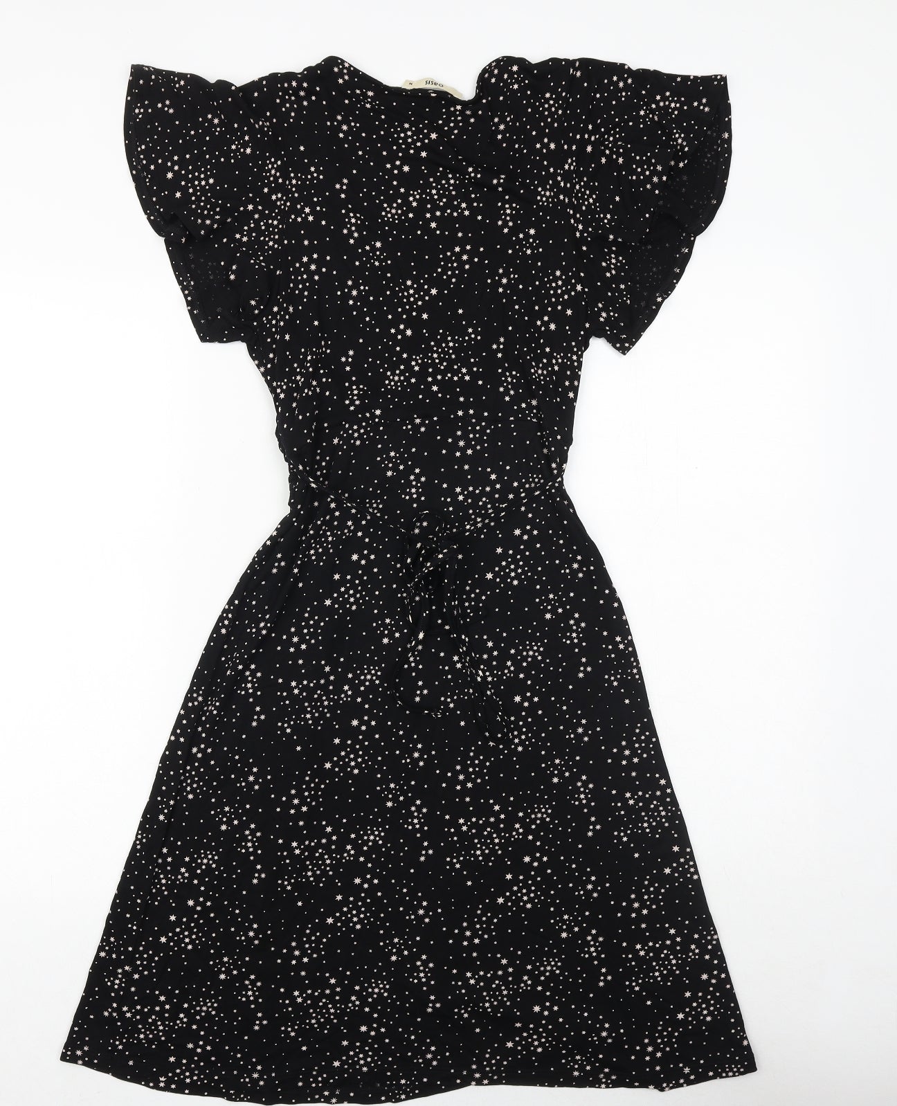 Oasis Womens Black Geometric Viscose Fit & Flare Size M V-Neck Tie - Star Pattern
