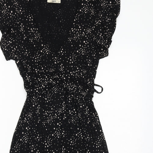 Oasis Womens Black Geometric Viscose Fit & Flare Size M V-Neck Tie - Star Pattern
