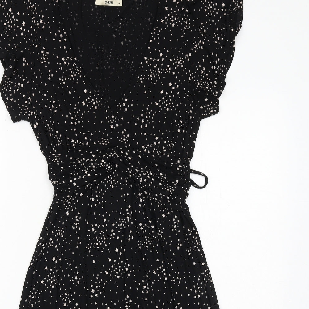 Oasis Womens Black Geometric Viscose Fit & Flare Size M V-Neck Tie - Star Pattern