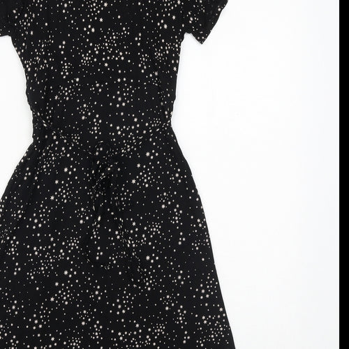Oasis Womens Black Geometric Viscose Fit & Flare Size M V-Neck Tie - Star Pattern