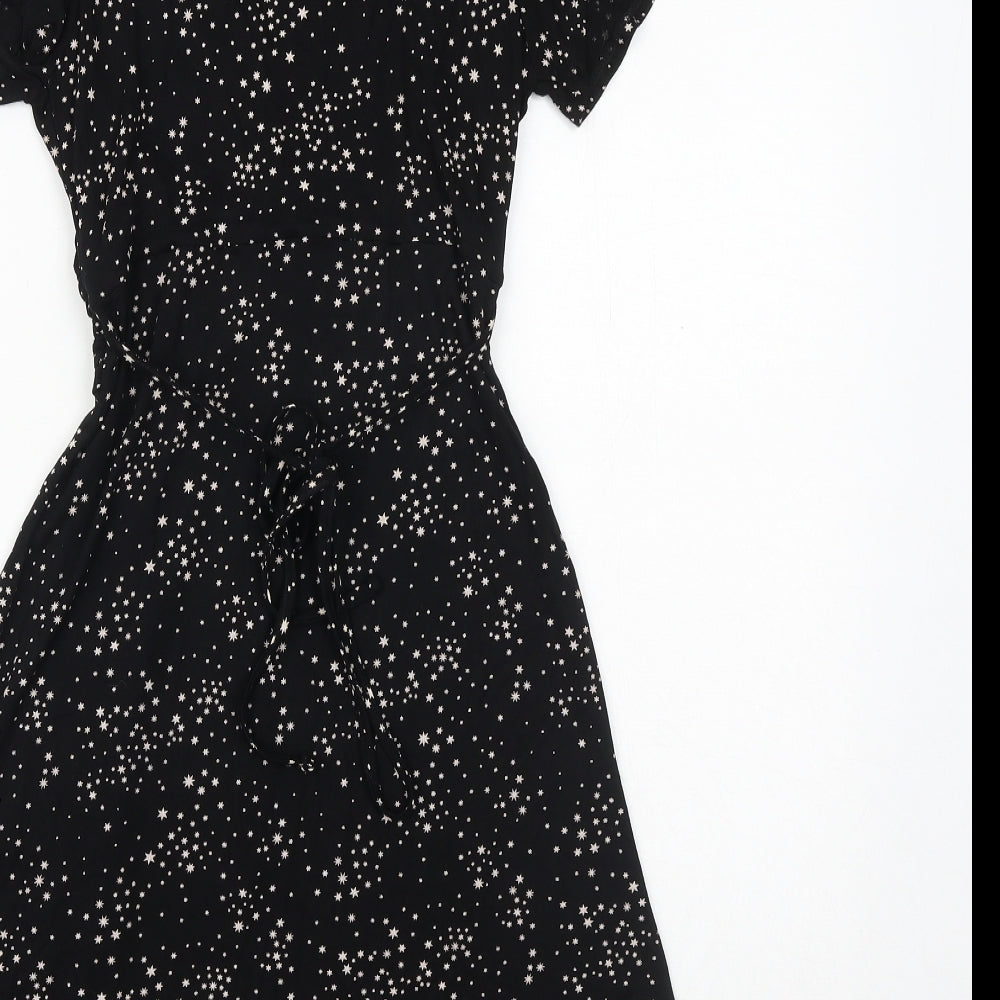 Oasis Womens Black Geometric Viscose Fit & Flare Size M V-Neck Tie - Star Pattern