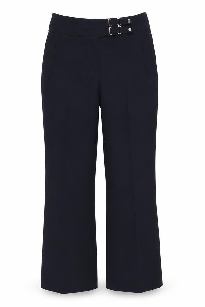 Front view of Per Una women’s blue polyester dress pants trousers, size UK 8, regular zip