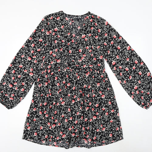 Boohoo Womens Black Floral Polyester A-Line Size 12 V-Neck Zip