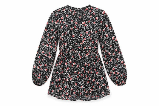Front view of Boohoo women’s black floral polyester a-line, size UK 12, v-neck zip