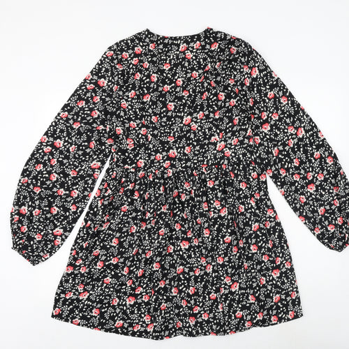 Boohoo Womens Black Floral Polyester A-Line Size 12 V-Neck Zip