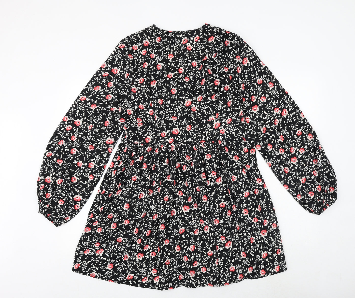 Boohoo Womens Black Floral Polyester A-Line Size 12 V-Neck Zip