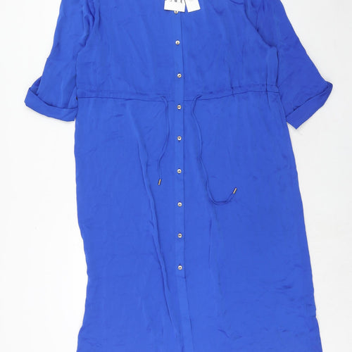 Zara Womens Blue Polyester Shirt Dress Size L Collared Button