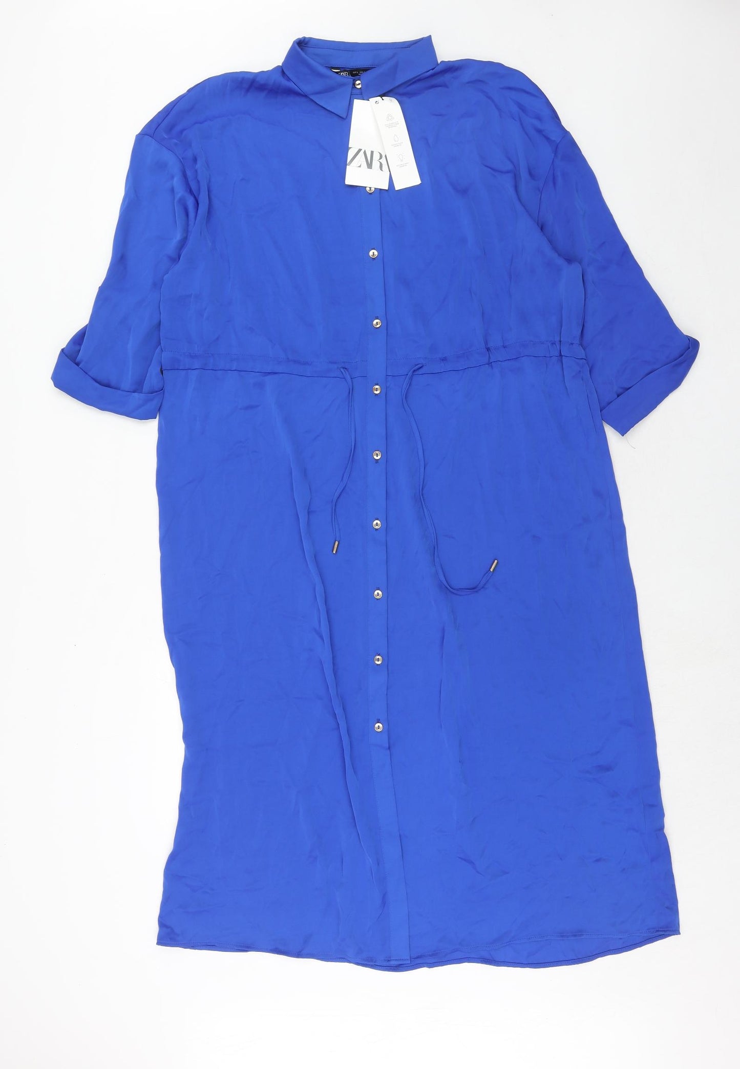 Zara Womens Blue Polyester Shirt Dress Size L Collared Button
