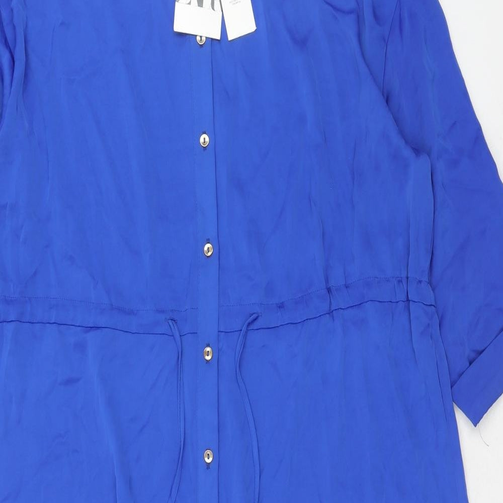 Zara Womens Blue Polyester Shirt Dress Size L Collared Button