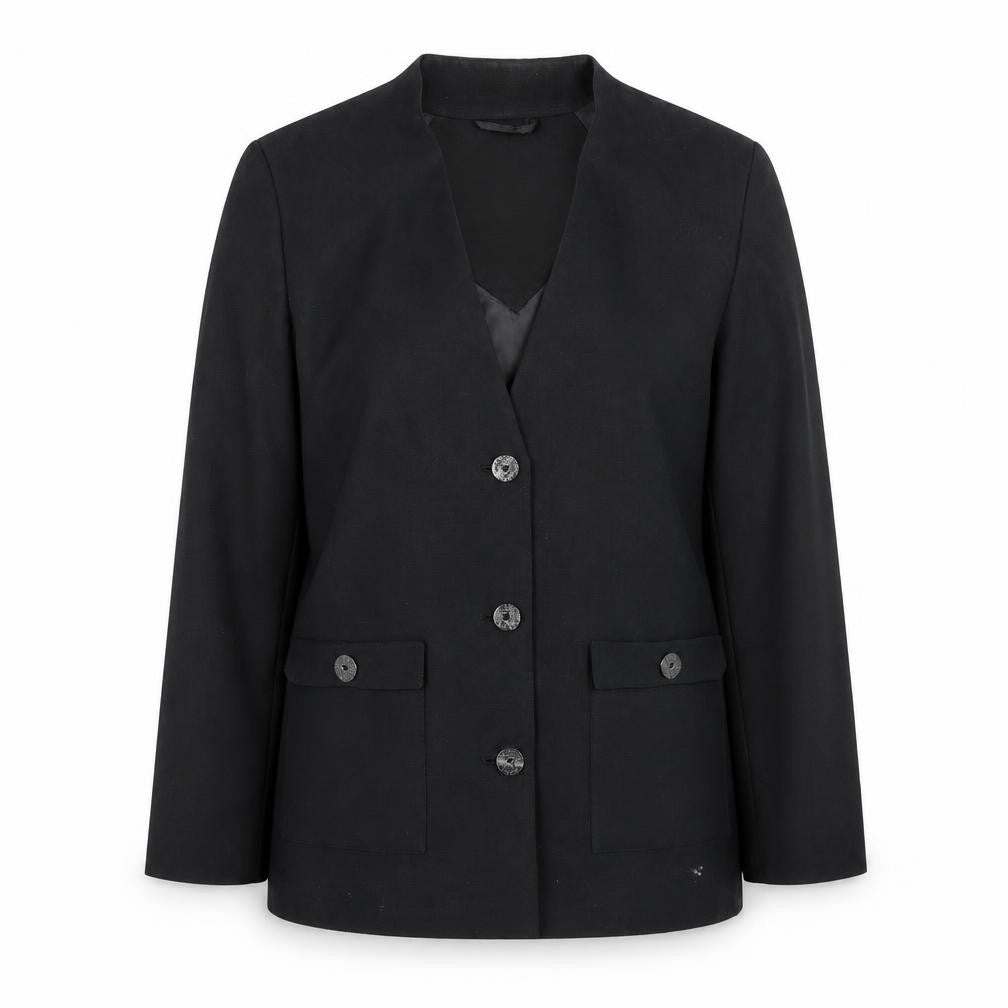 Front view of David Barry women’s black polyester jacket blazer, size UK 12