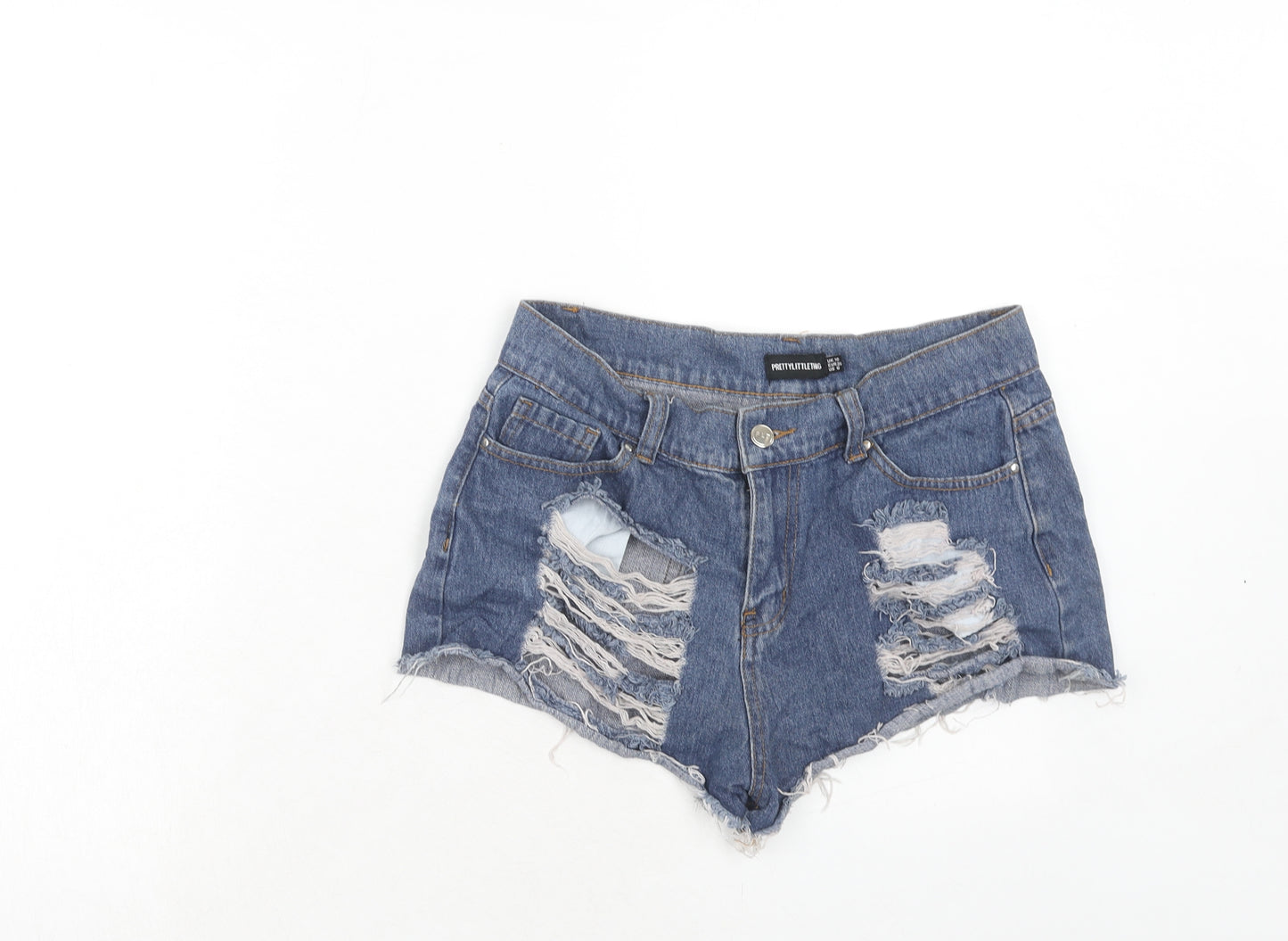 PRETTYLITTLETHING Womens Blue Cotton Hot Pants Shorts Size 10 Regular Zip - Distressed