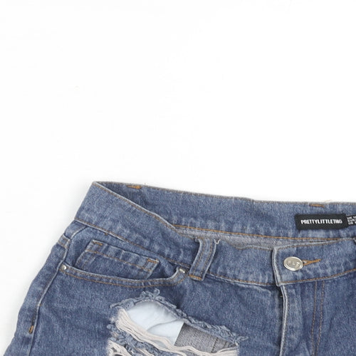 PRETTYLITTLETHING Womens Blue Cotton Hot Pants Shorts Size 10 Regular Zip - Distressed