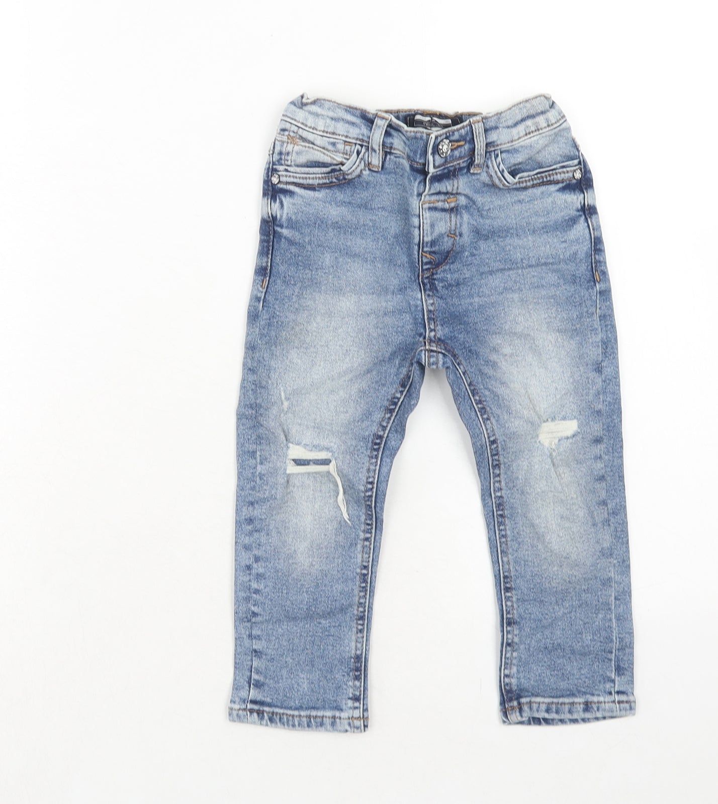 NEXT Boys Blue Cotton Skinny Jeans Size 2 Years Regular Zip - Distressed
