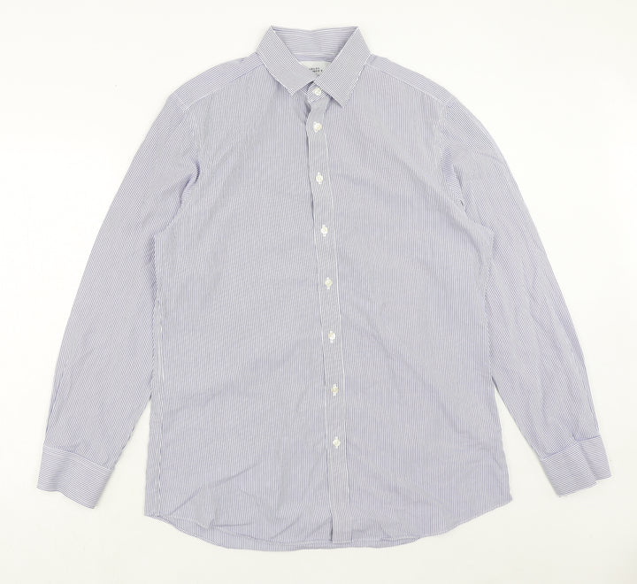 Charles Tyrwhitt Mens Blue Striped Cotton Button-Up Size 16.5 Collared Button