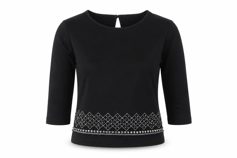 Front view of Cooperative women’s black geometric polyester basic blouse, size XS, round neck