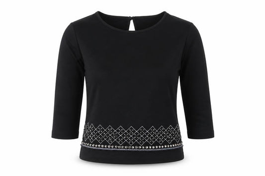 Front view of Cooperative women’s black geometric polyester basic blouse, size XS, round neck