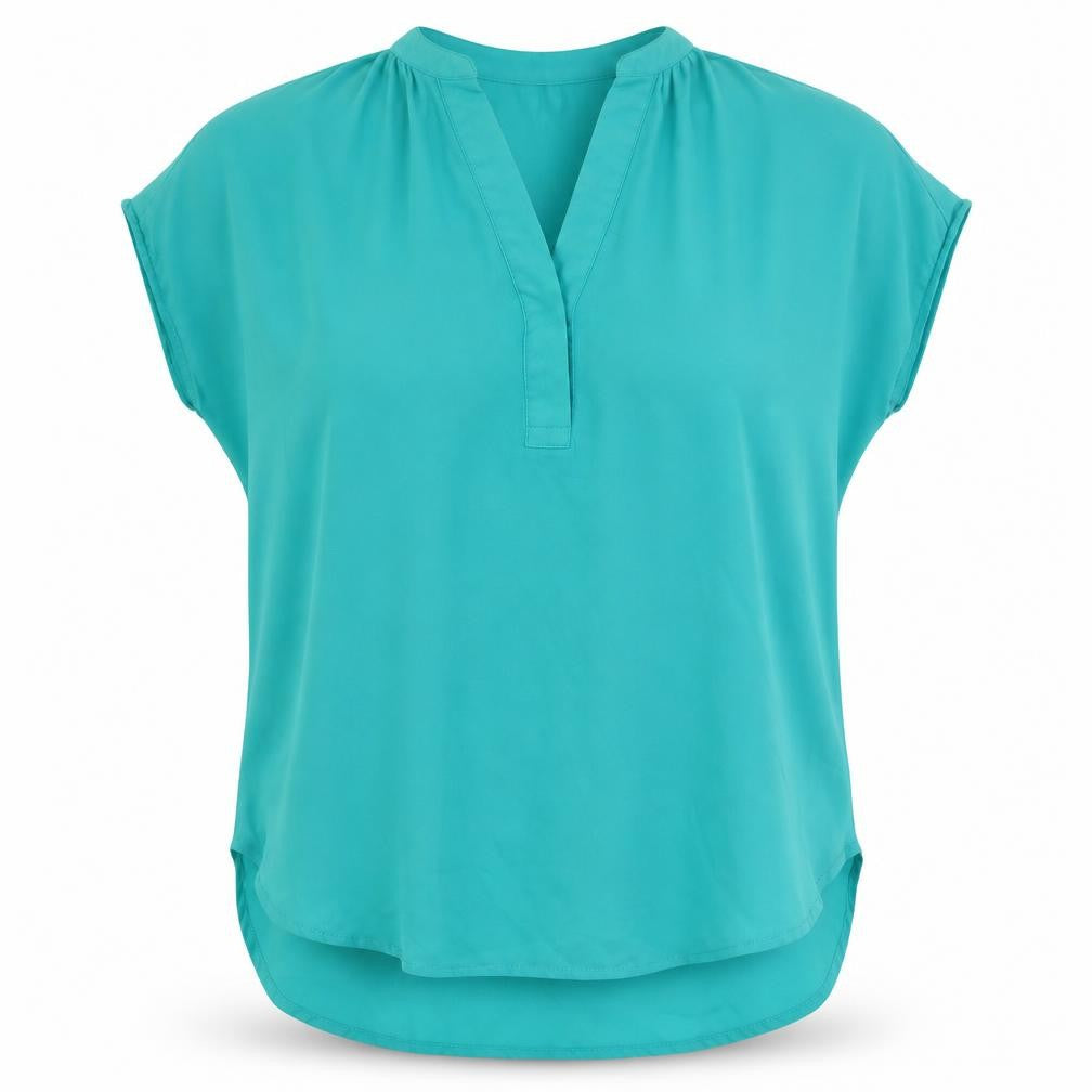 Front view of Violet & Claire women’s green polyester basic blouse, size M, v-neck