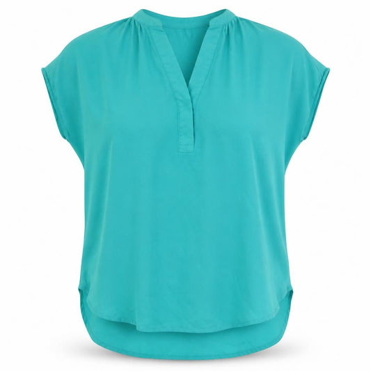 Front view of Violet & Claire women’s green polyester basic blouse, size M, v-neck