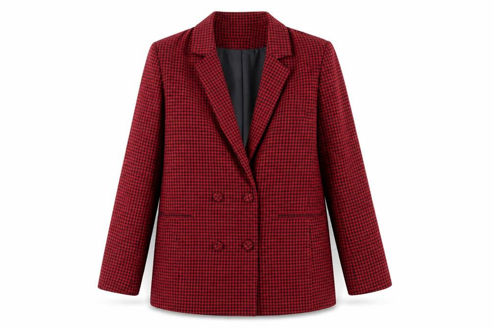 Front view of Stradivarius women’s red check polyester jacket suit jacket, size M