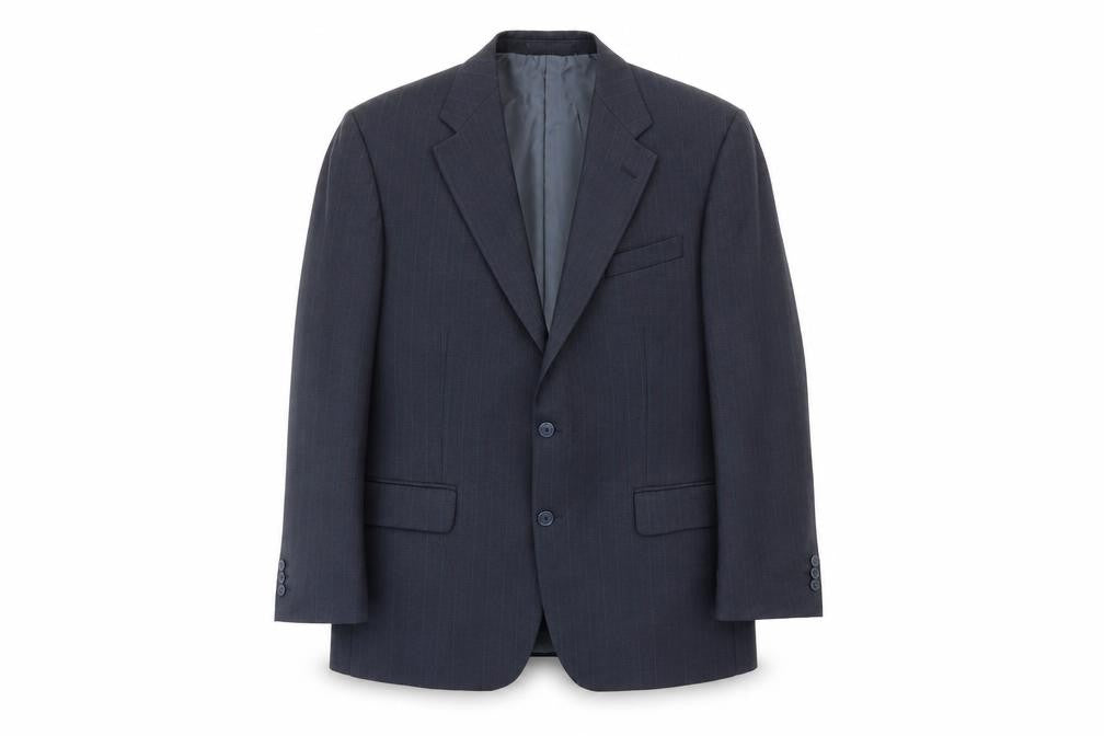 Front view of Greenwoods men’s blue striped polyester jacket suit jacket, size 44, regular