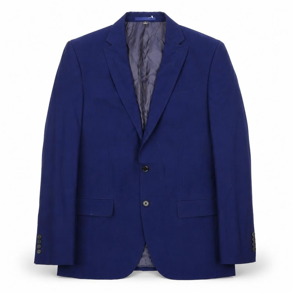 Front view of Marks & Spencer men’s blue polyester jacket suit jacket, size 40, regular