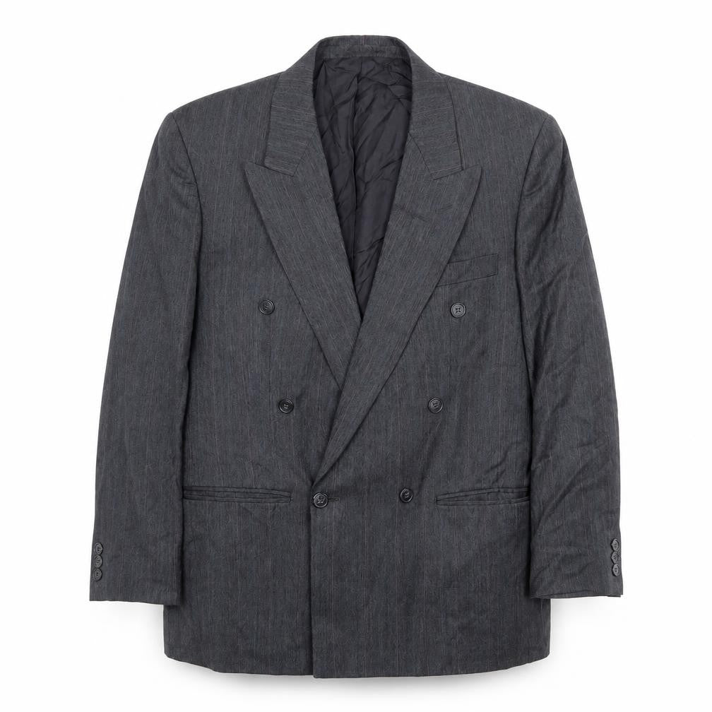 Front view of Marks & Spencer men’s grey striped polyester jacket suit jacket, size 38, regular