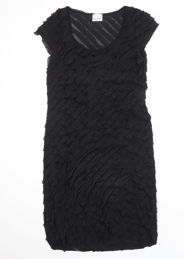 Roman Womens Black Geometric Polyester A-Line Size 14 Round Neck Pullover