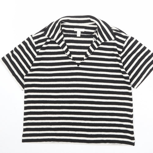 H&M Womens Black Striped Polyester Basic T-Shirt Size S Collared