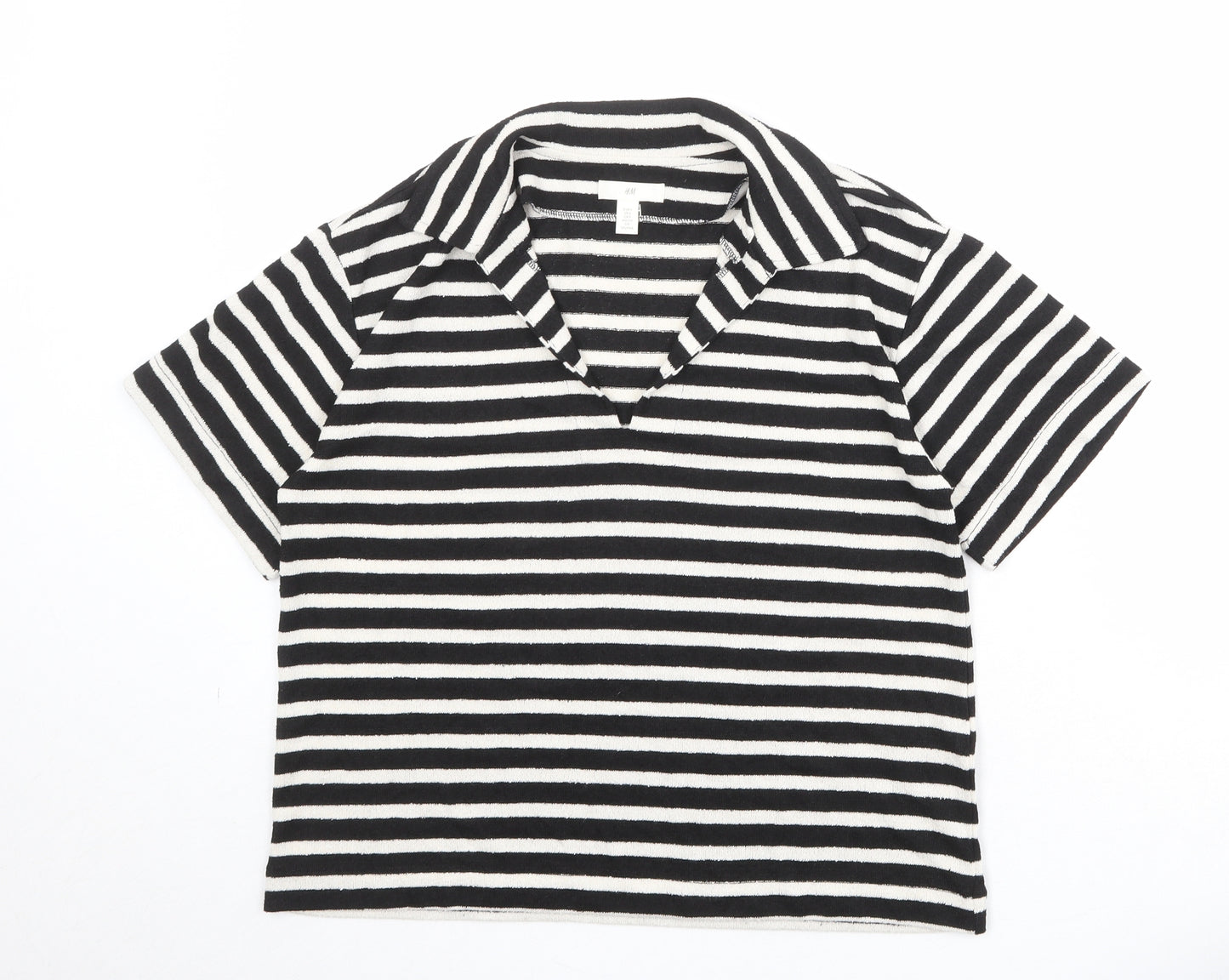 H&M Womens Black Striped Polyester Basic T-Shirt Size S Collared