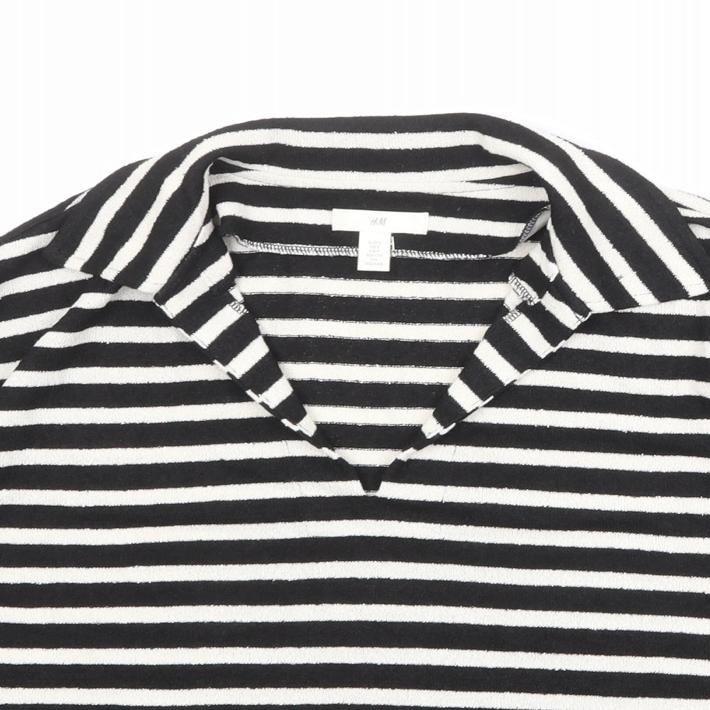H&M Womens Black Striped Polyester Basic T-Shirt Size S Collared