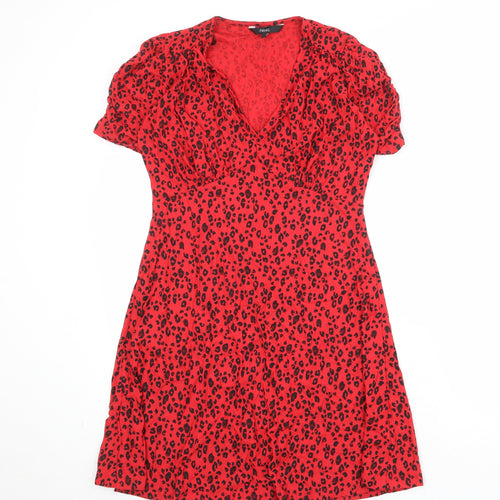 NEXT Womens Red Animal Print Viscose A-Line Size 8 V-Neck Pullover - Leopard Pattern