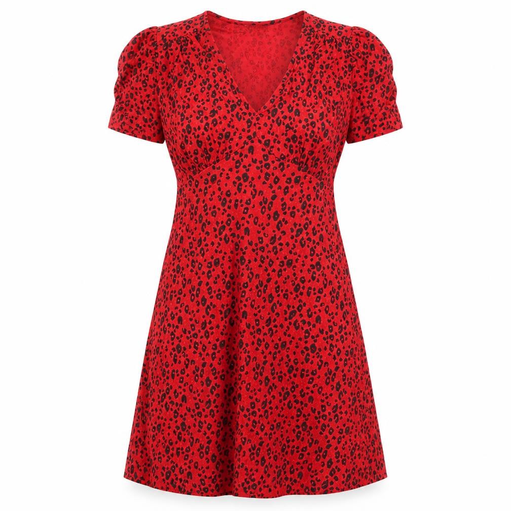 Front view of Next women’s red animal print viscose a-line, size UK 8, v-neck pullover - leopard pattern