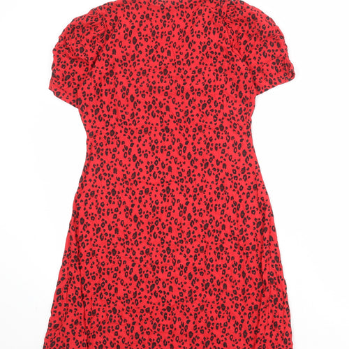 NEXT Womens Red Animal Print Viscose A-Line Size 8 V-Neck Pullover - Leopard Pattern