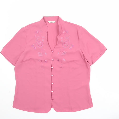 Marks and Spencer Womens Pink Polyester Basic Button-Up Size 14 V-Neck