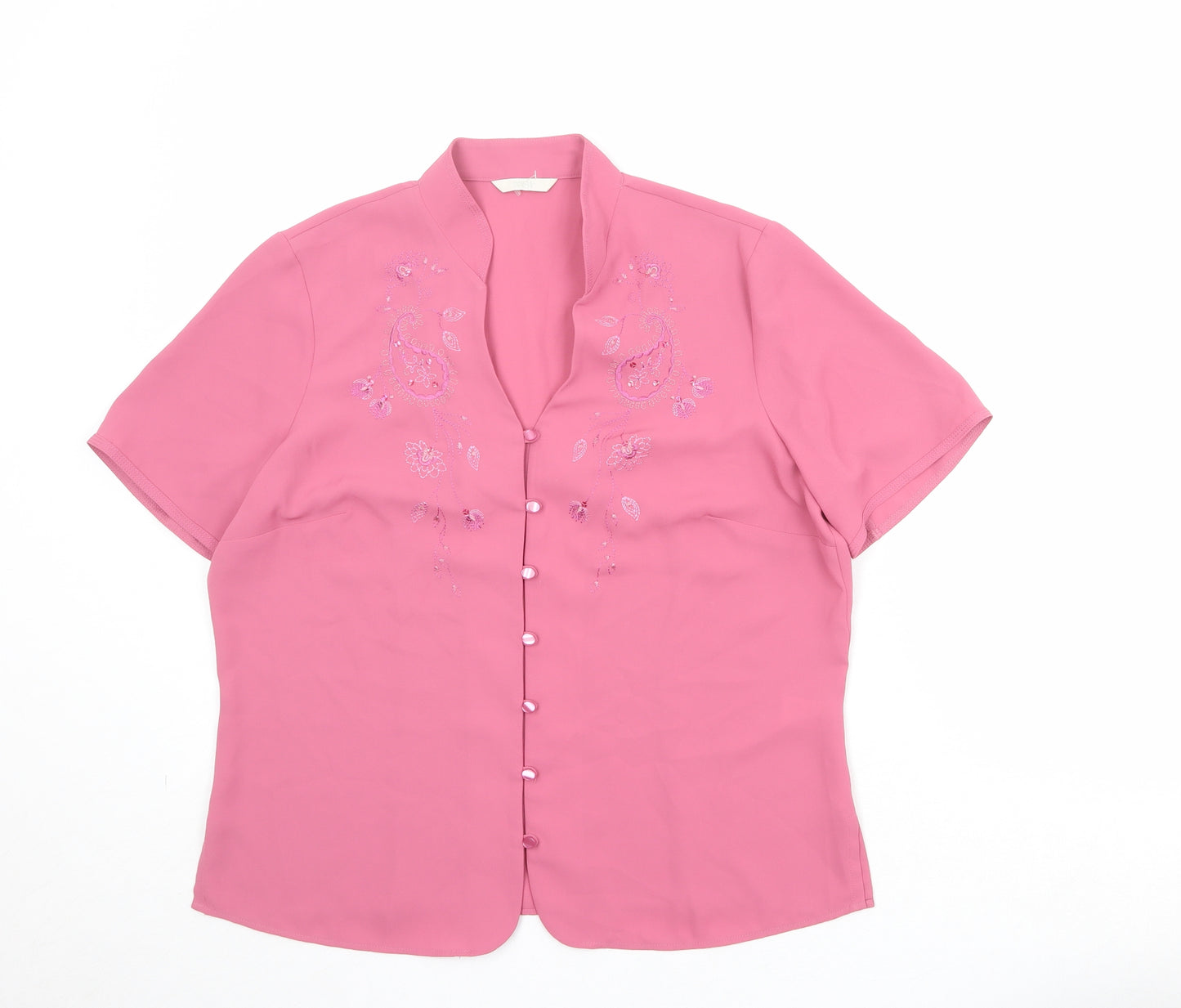 Marks and Spencer Womens Pink Polyester Basic Button-Up Size 14 V-Neck