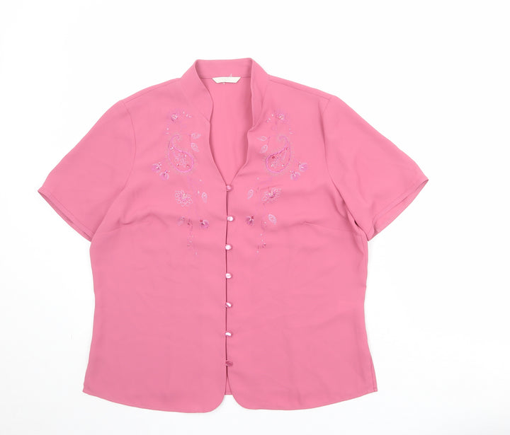 Marks and Spencer Womens Pink Polyester Basic Button-Up Size 14 V-Neck