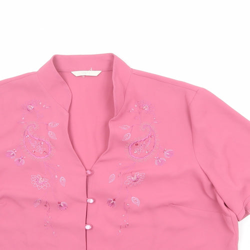 Marks and Spencer Womens Pink Polyester Basic Button-Up Size 14 V-Neck