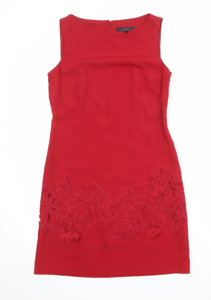 Coast Womens Red Polyester Shift Size 8 Boat Neck Button - Floral Detail