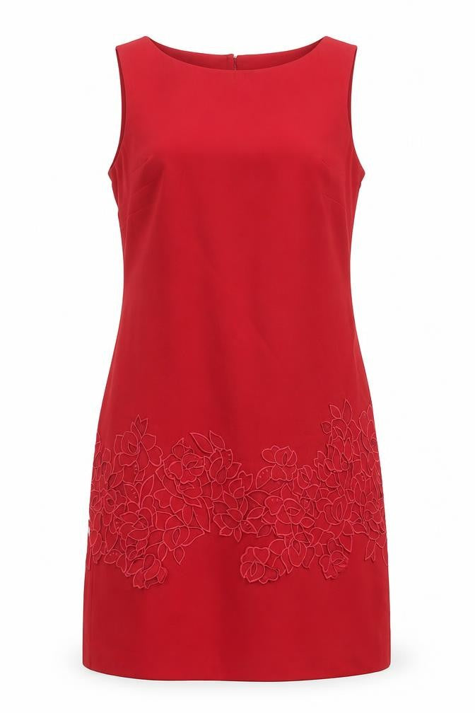 Front view of Coast women’s red polyester shift, size UK 8, boat neck button - floral detail