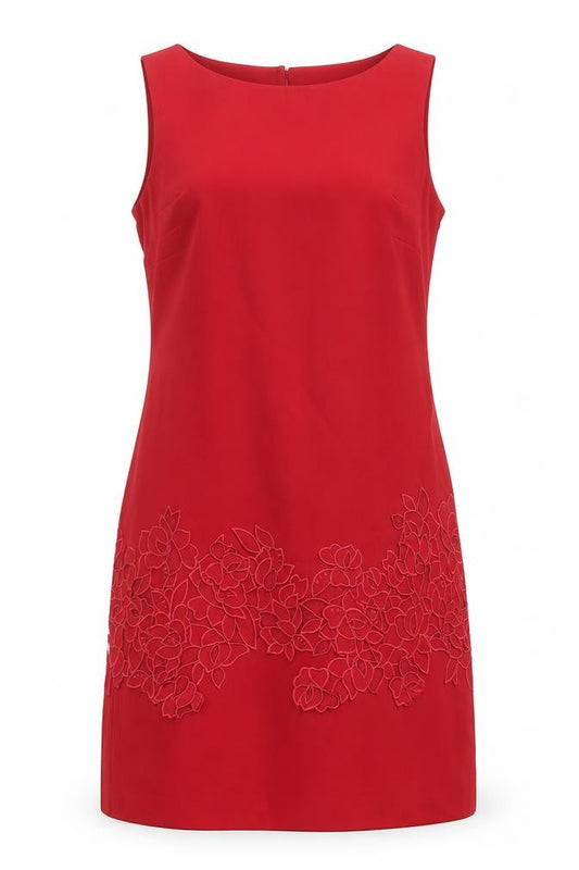 Front view of Coast women’s red polyester shift, size UK 8, boat neck button - floral detail