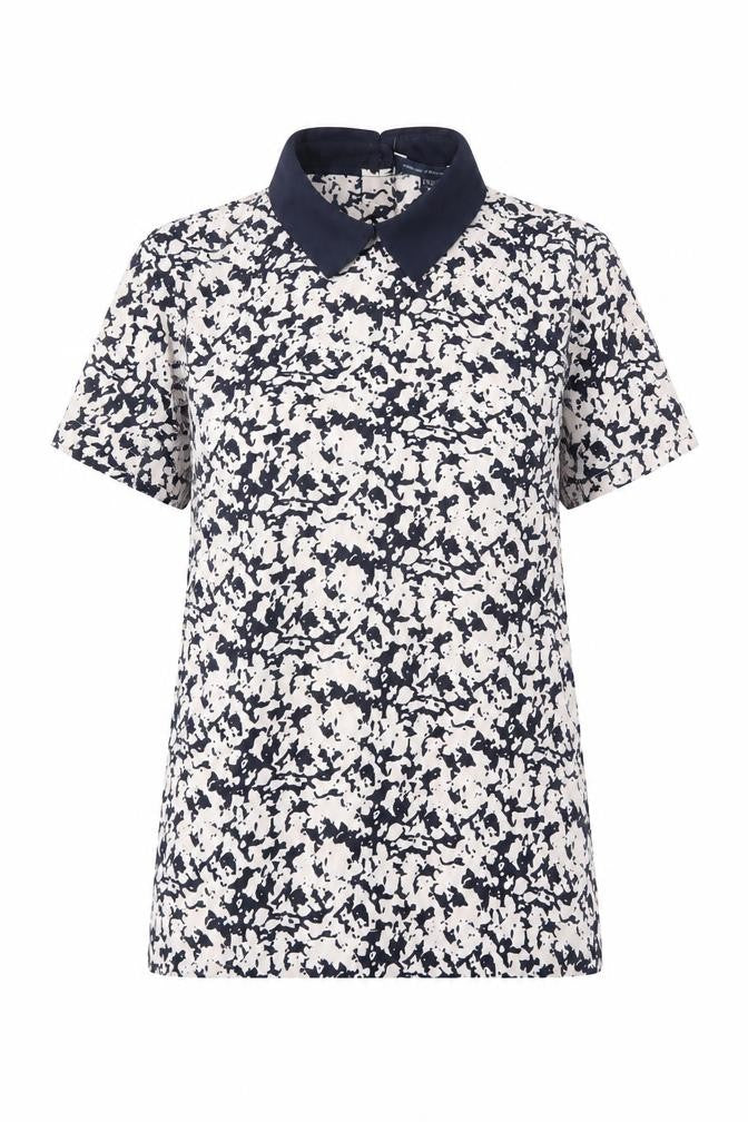 Front view of French Connection women’s white geometric polyester basic t-shirt, size UK 8, collared